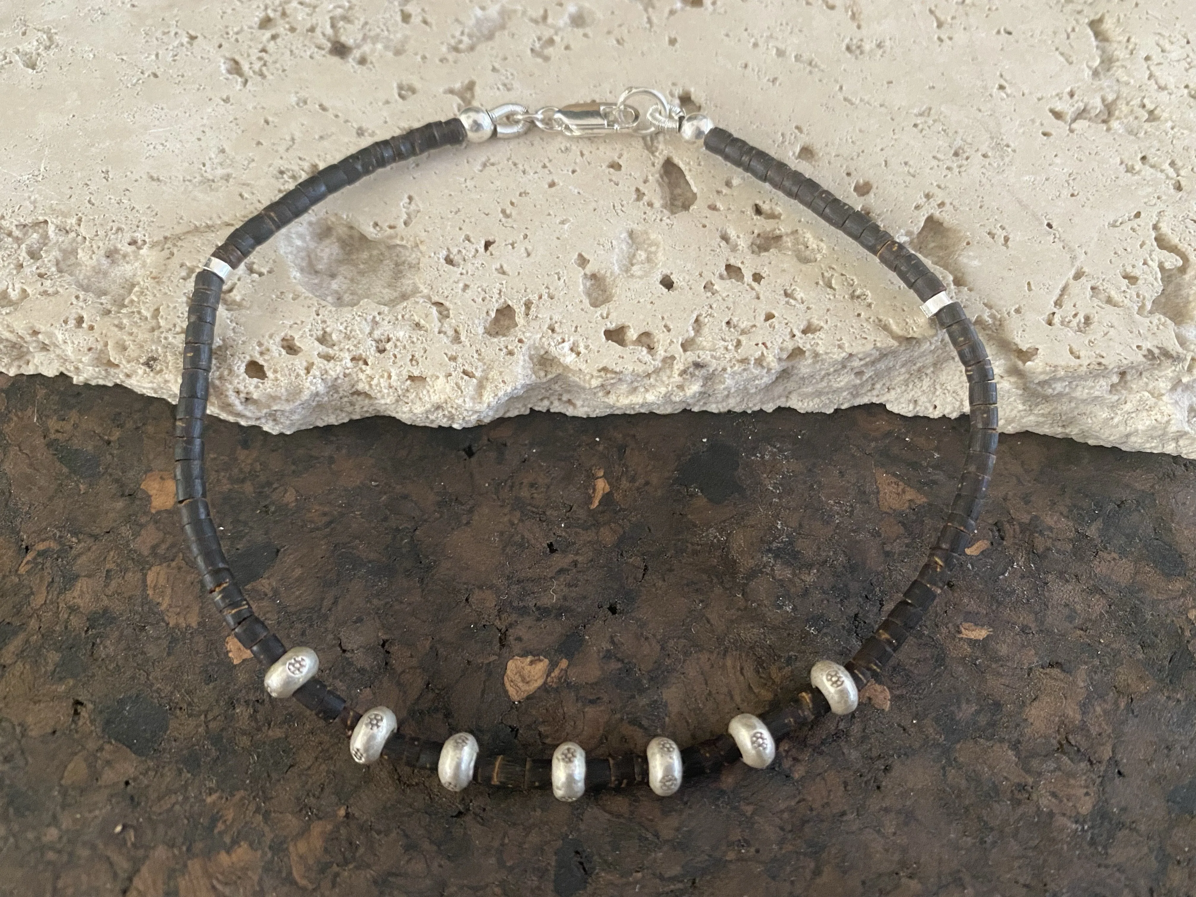 Silver and Coconut Wood Bracelet - Large Eye Beads