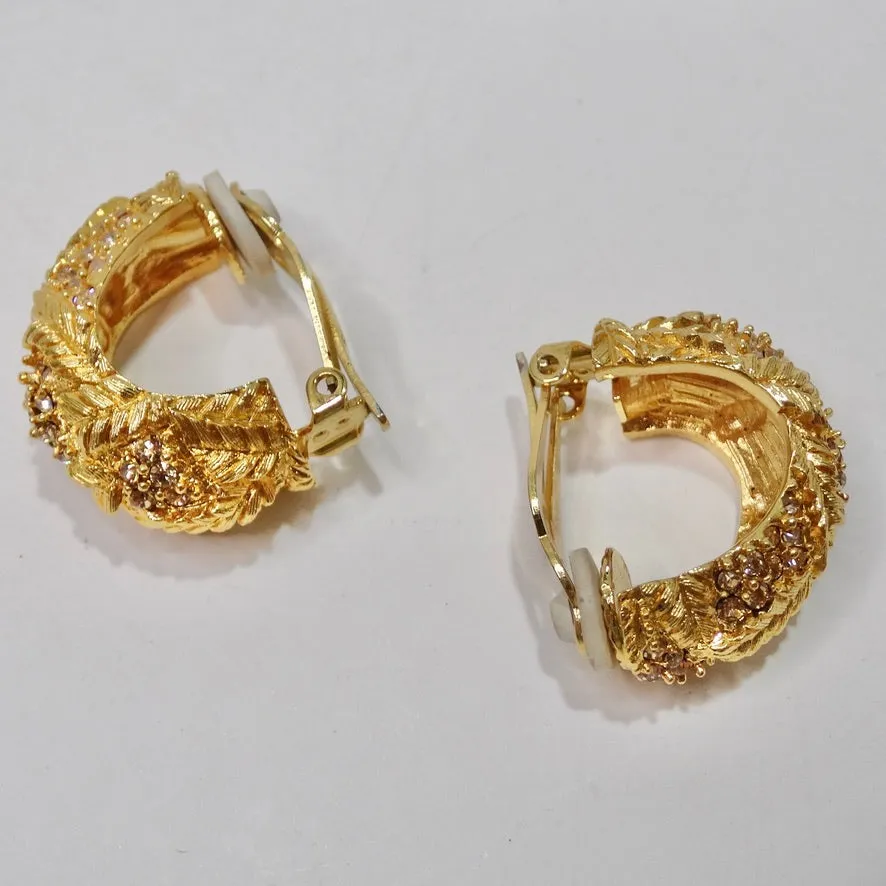 St John Gold Leaf Motif Rhinestone Encrusted Hoops