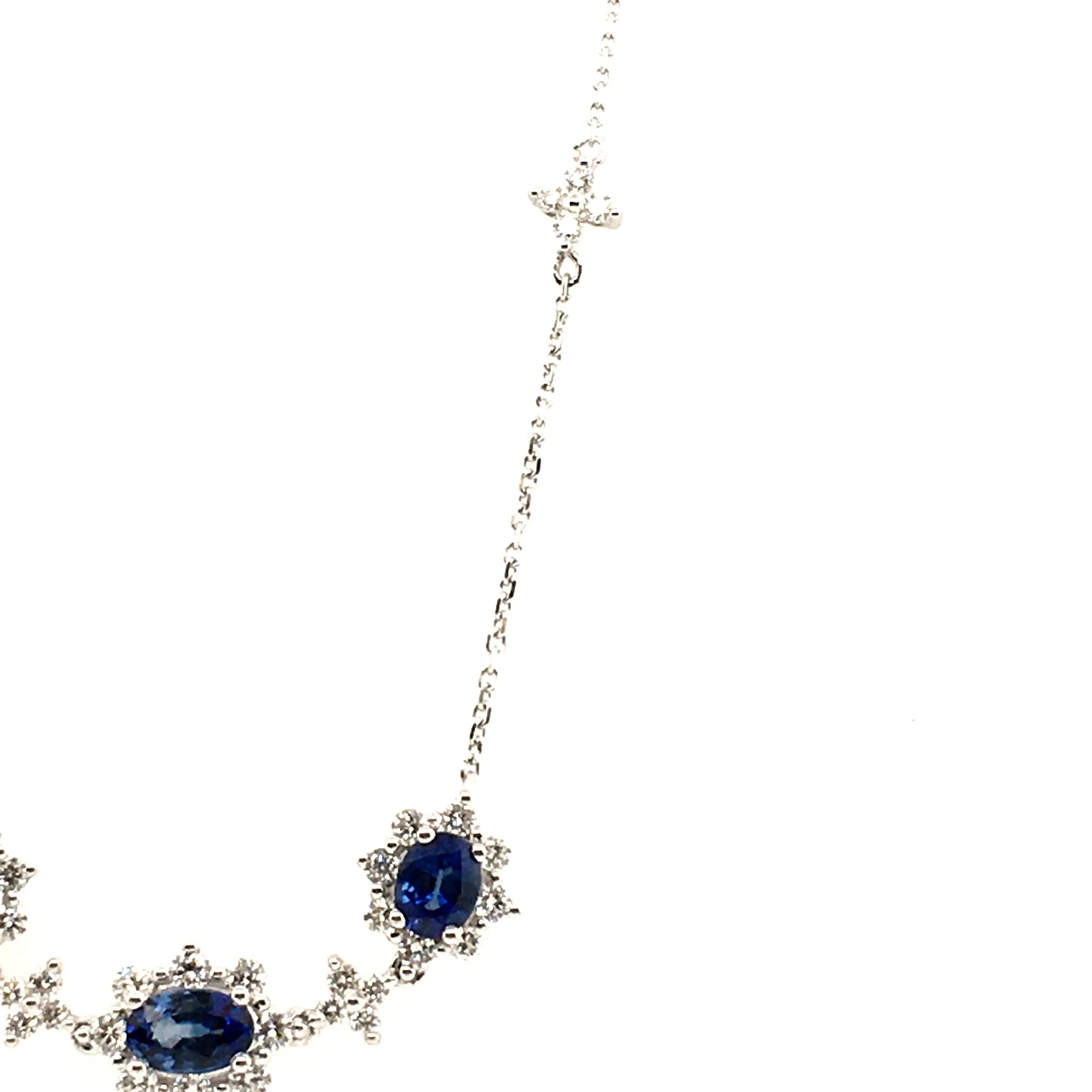 Triple Oval Blue Sapphire and Diamond Halo Necklace