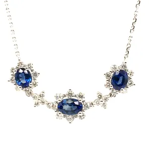 Triple Oval Blue Sapphire and Diamond Halo Necklace