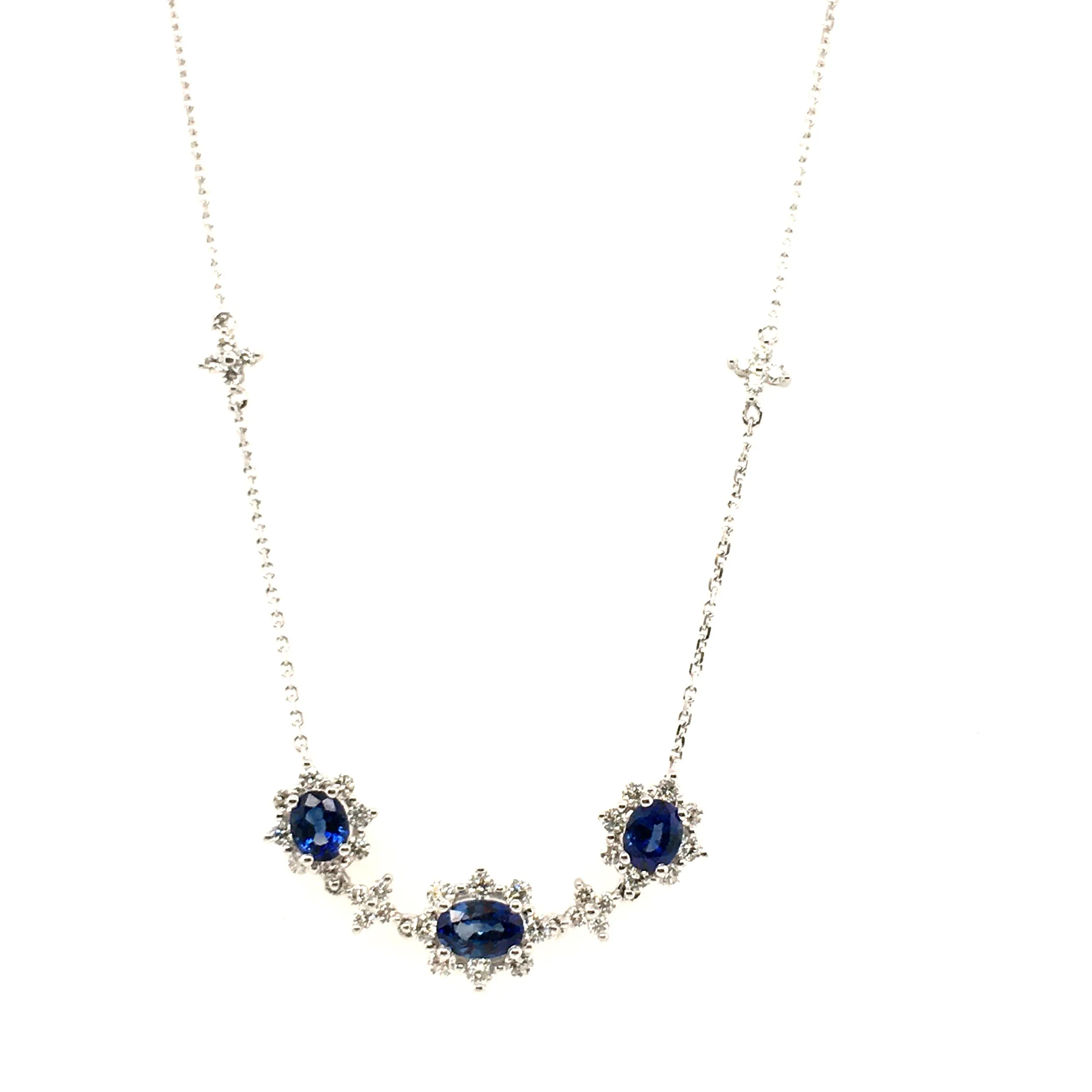 Triple Oval Blue Sapphire and Diamond Halo Necklace