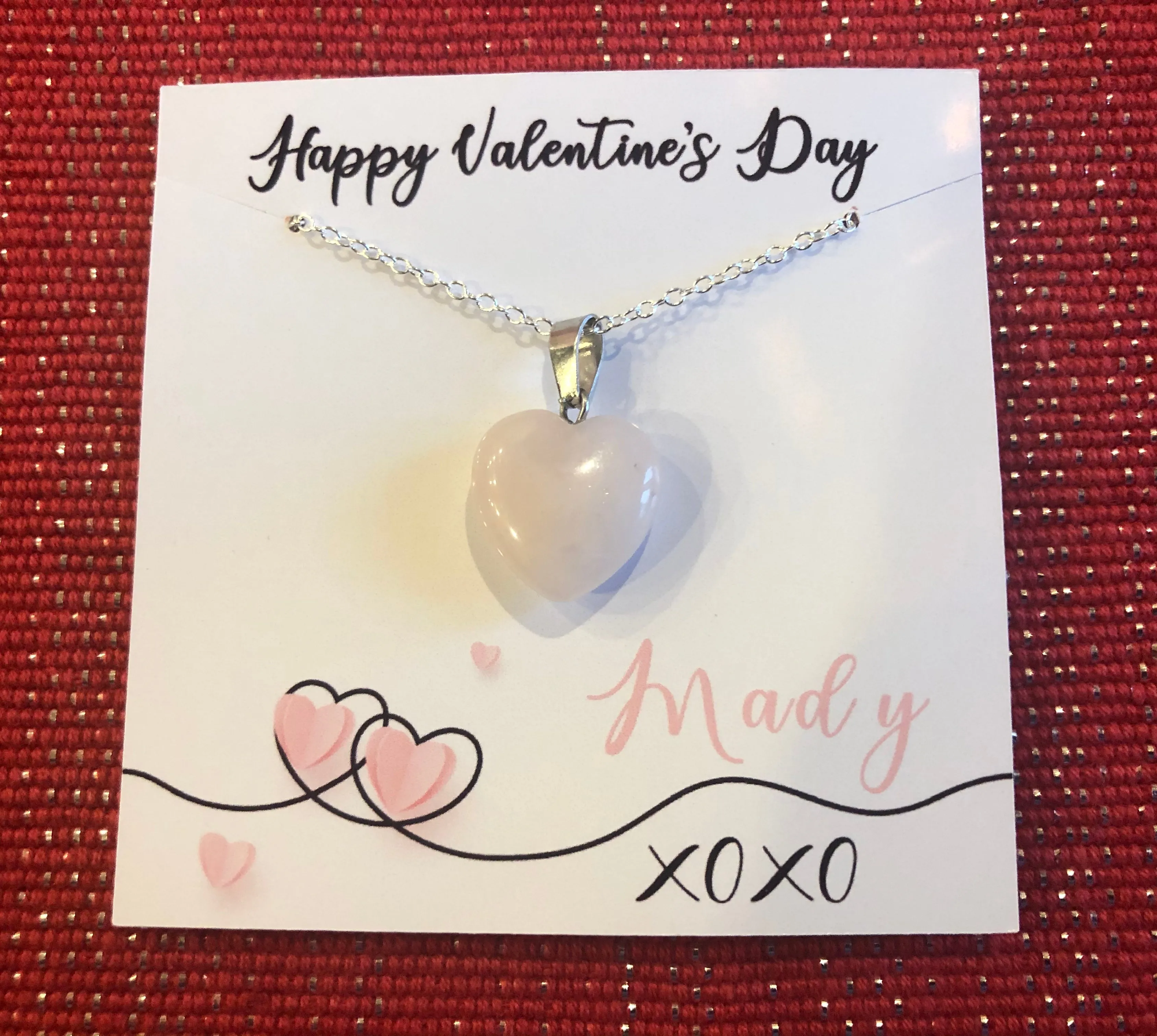 Valentine's Necklace with Pink Quartz Heart Charm w/ Personalized Card (14 Designs)