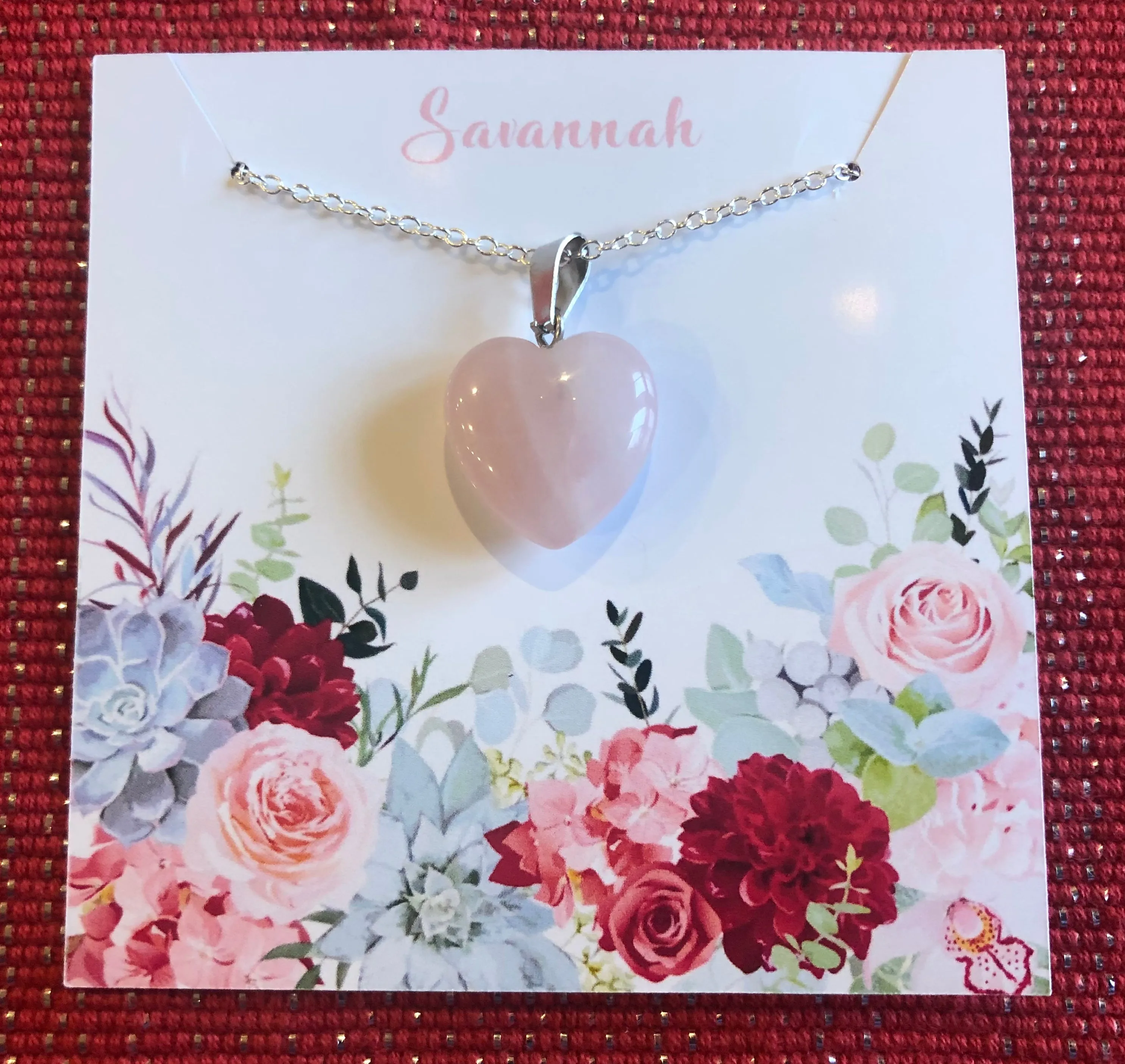 Valentine's Necklace with Pink Quartz Heart Charm w/ Personalized Card (14 Designs)