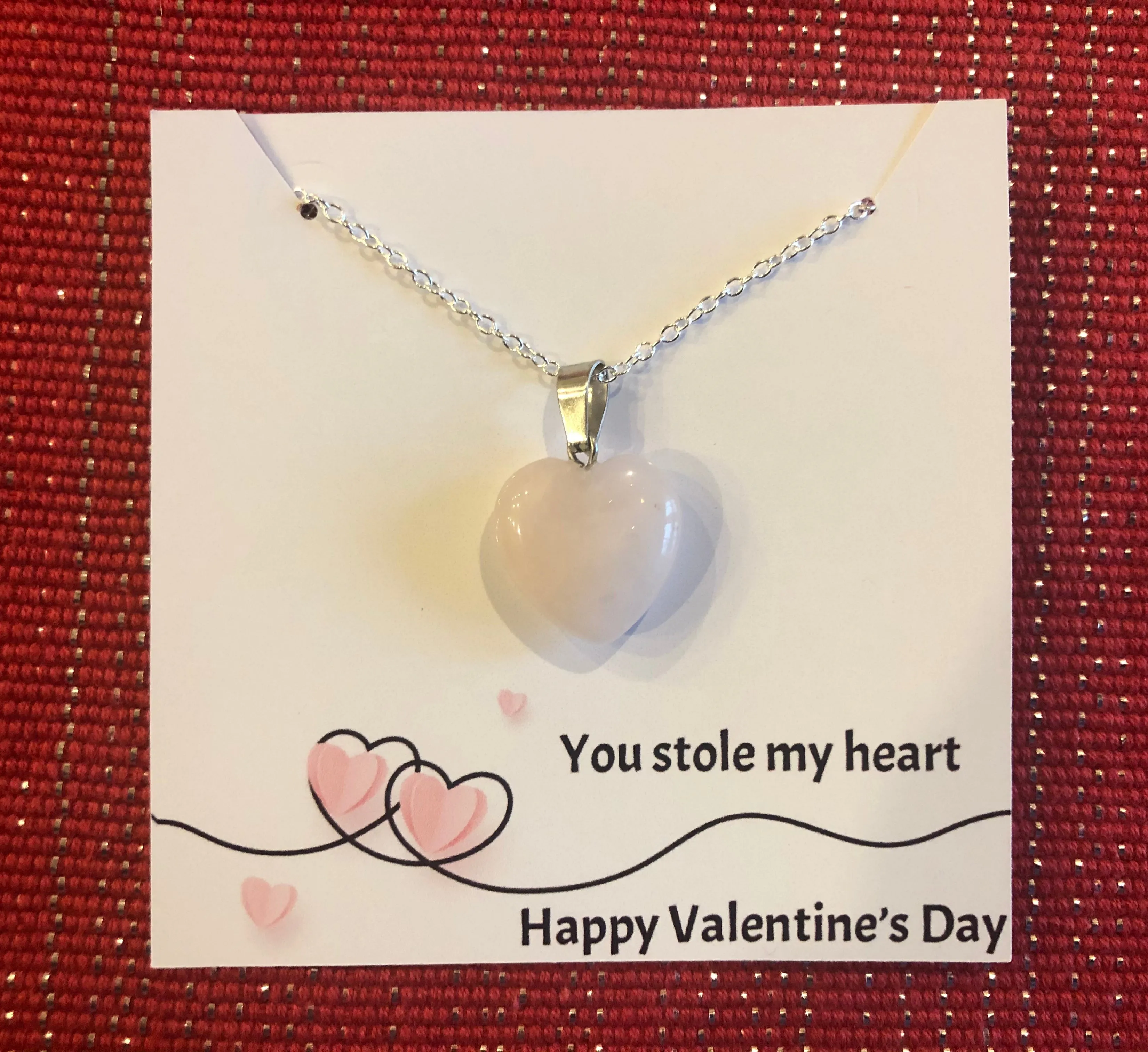 Valentine's Necklace with Pink Quartz Heart Charm w/ Personalized Card (14 Designs)