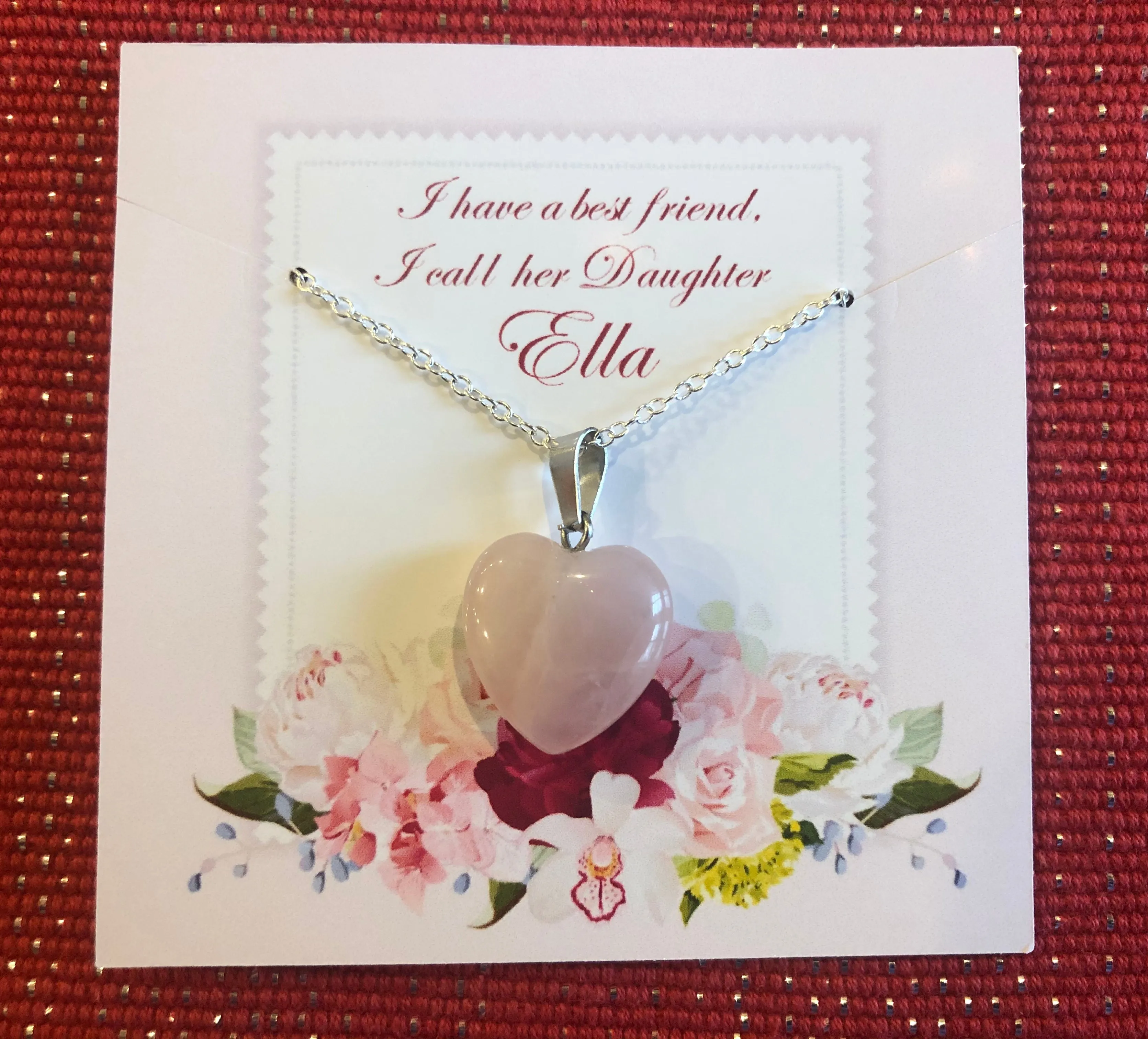 Valentine's Necklace with Pink Quartz Heart Charm w/ Personalized Card (14 Designs)