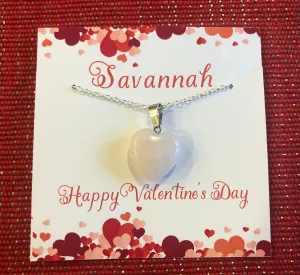 Valentine's Necklace with Pink Quartz Heart Charm w/ Personalized Card (14 Designs)