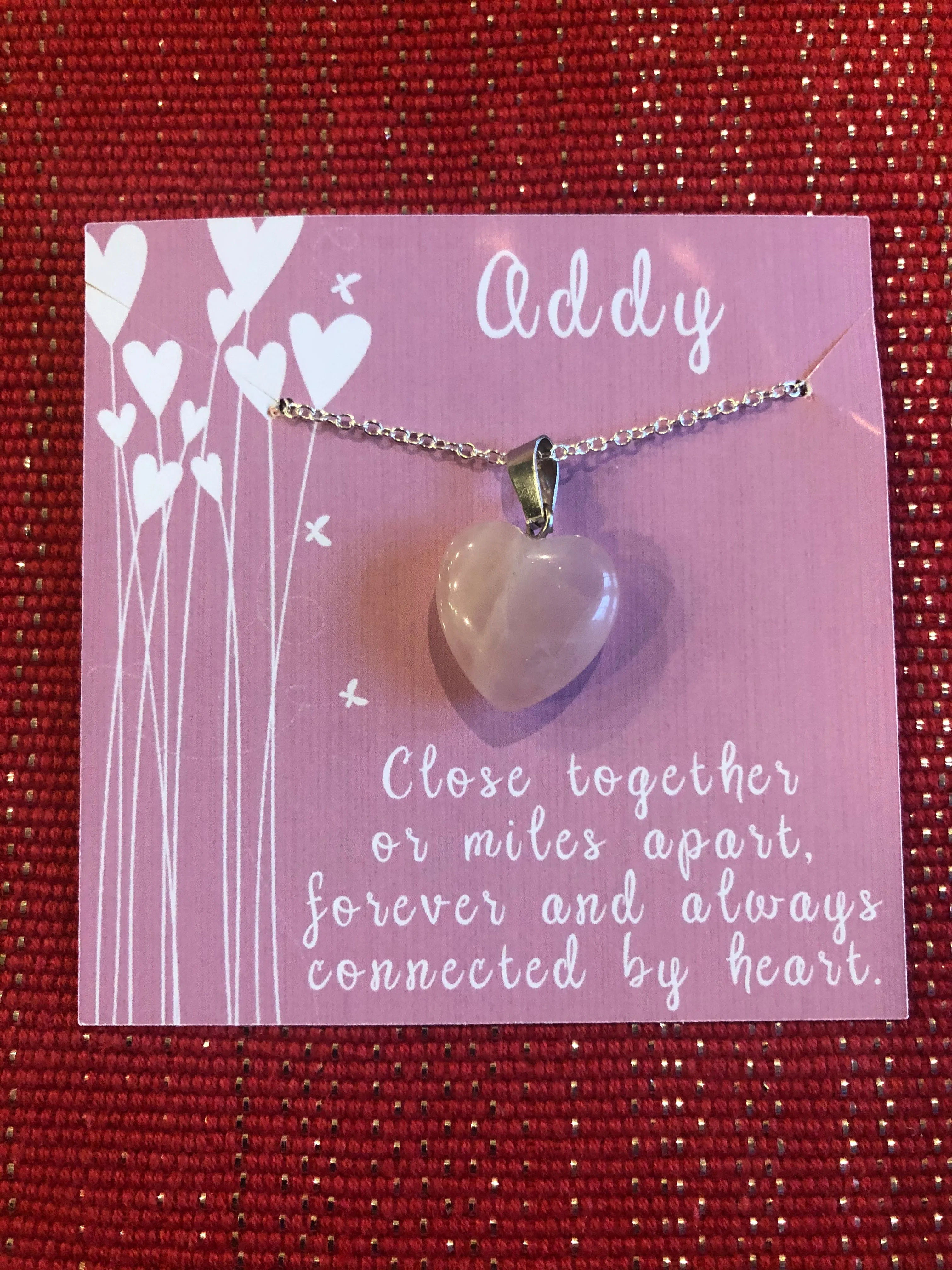 Valentine's Necklace with Pink Quartz Heart Charm w/ Personalized Card (14 Designs)