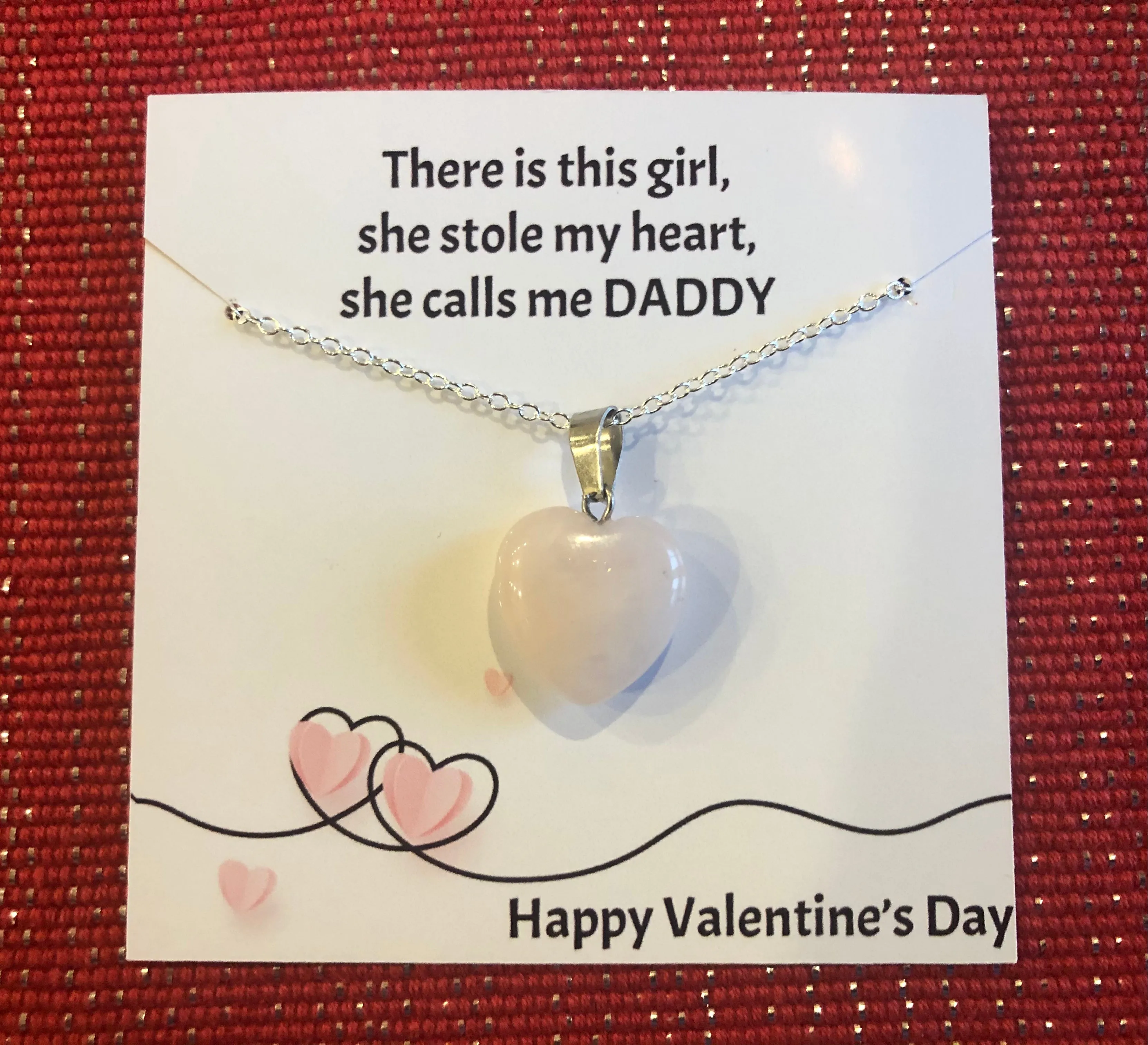 Valentine's Necklace with Pink Quartz Heart Charm w/ Personalized Card (14 Designs)