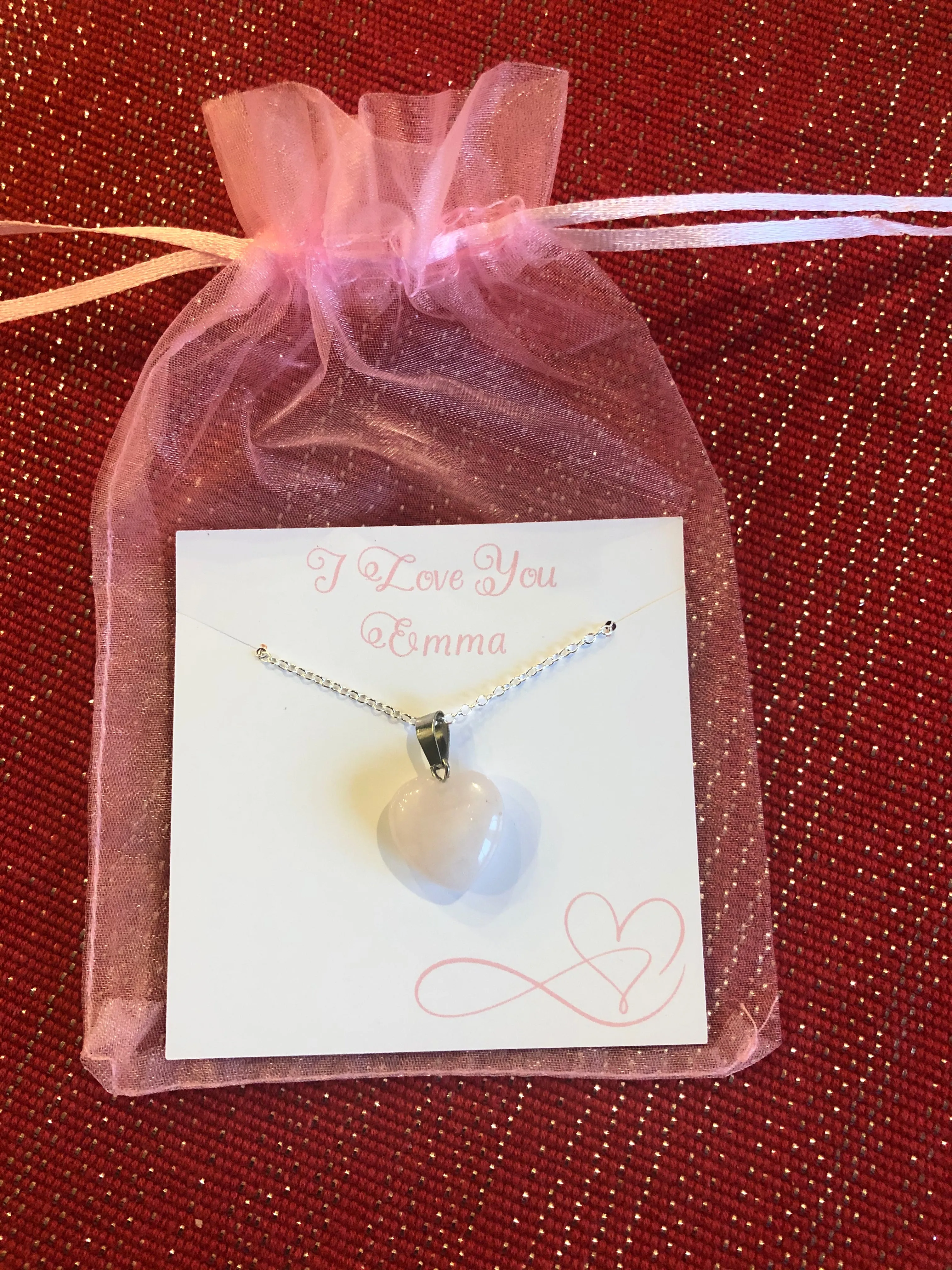 Valentine's Necklace with Pink Quartz Heart Charm w/ Personalized Card (14 Designs)