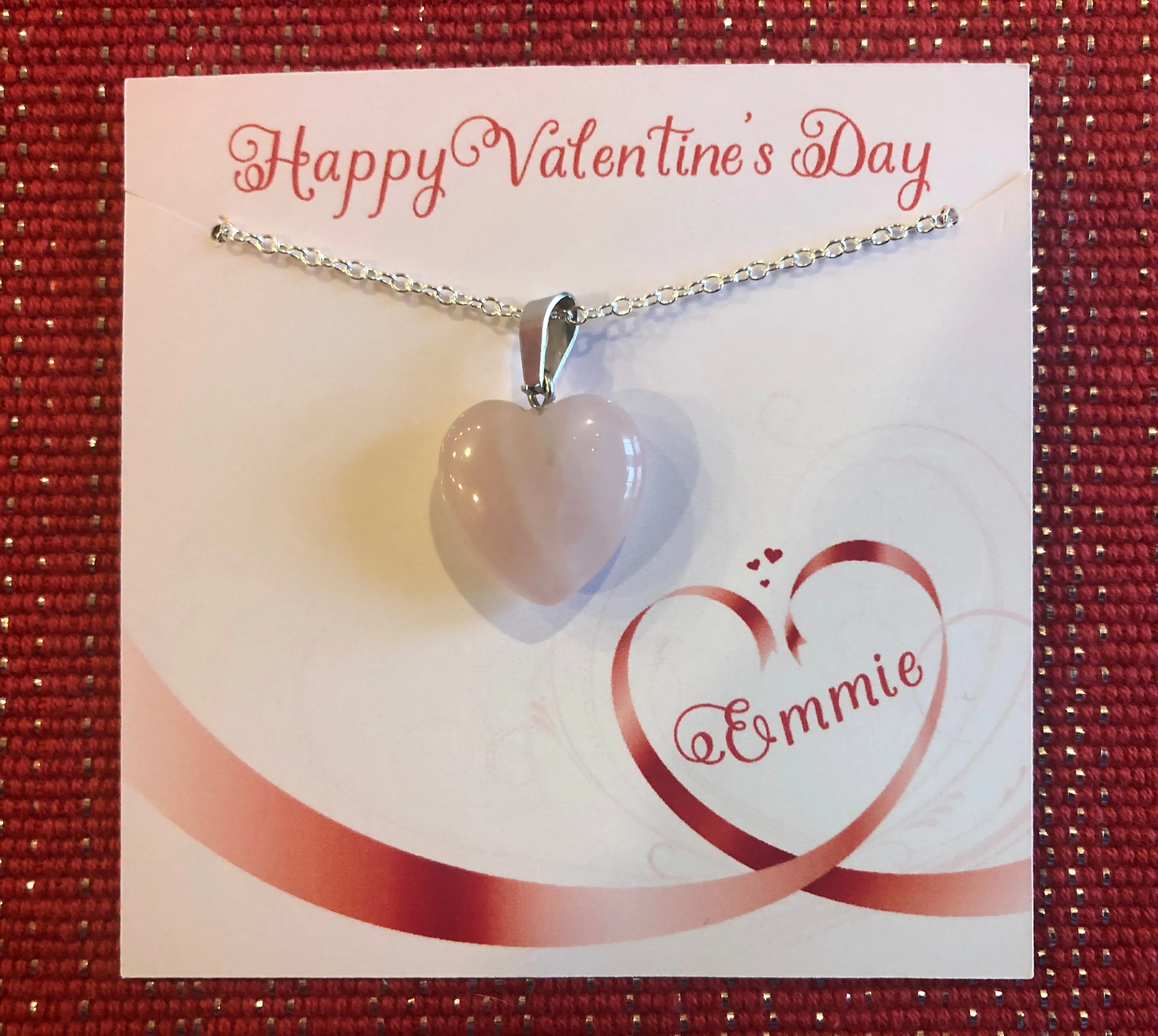 Valentine's Necklace with Pink Quartz Heart Charm w/ Personalized Card (14 Designs)