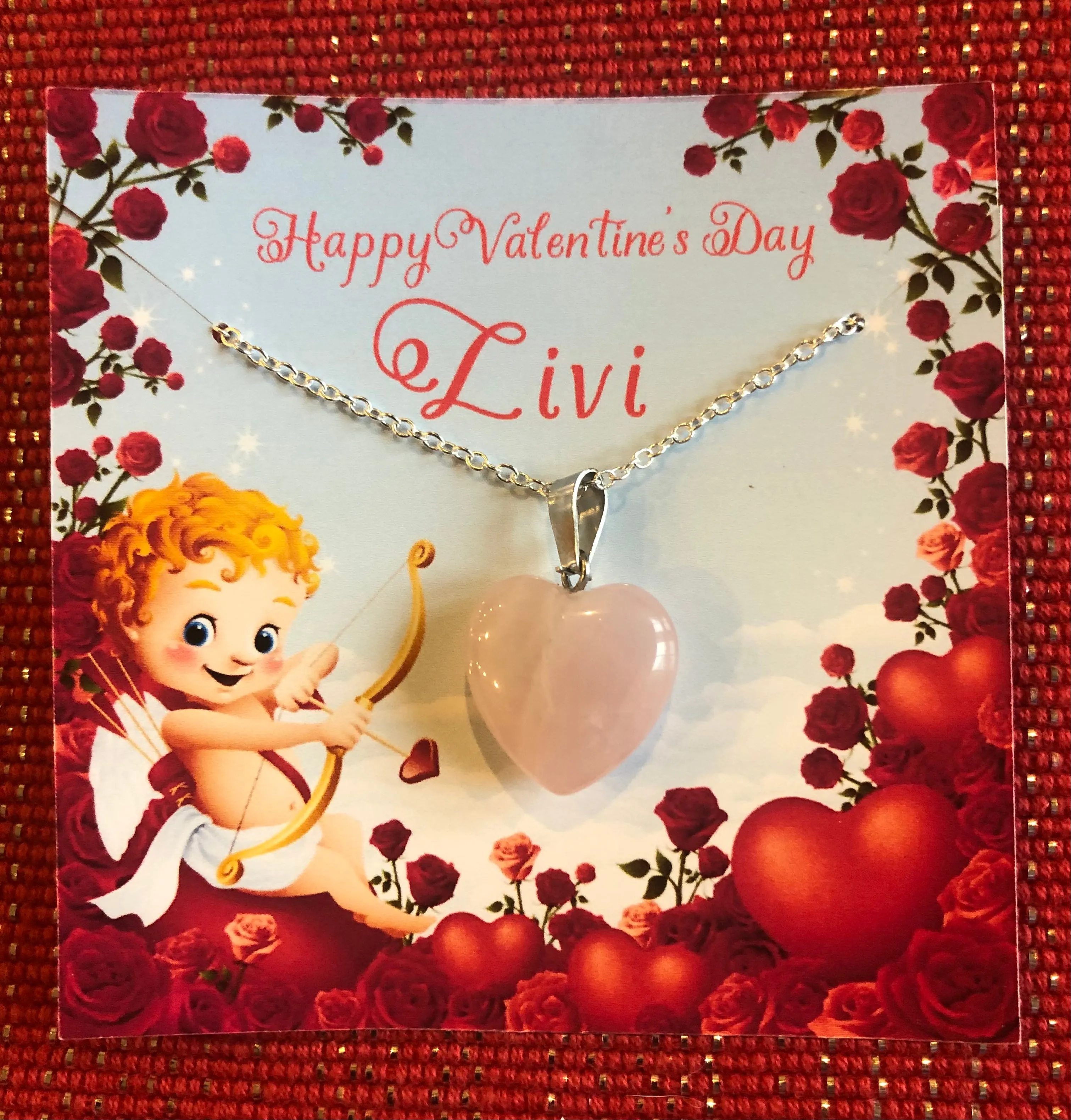 Valentine's Necklace with Pink Quartz Heart Charm w/ Personalized Card (14 Designs)