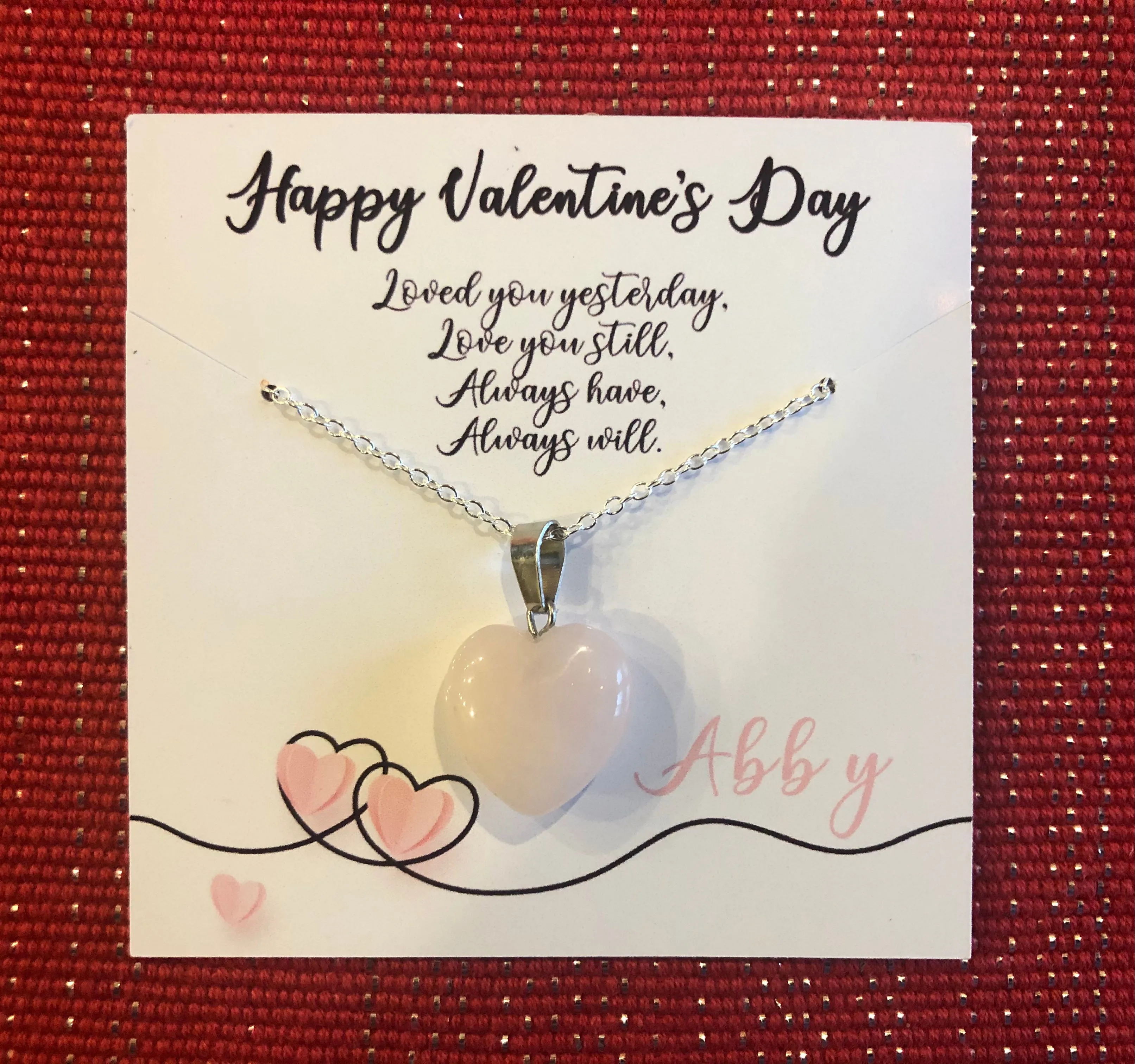 Valentine's Necklace with Pink Quartz Heart Charm w/ Personalized Card (14 Designs)