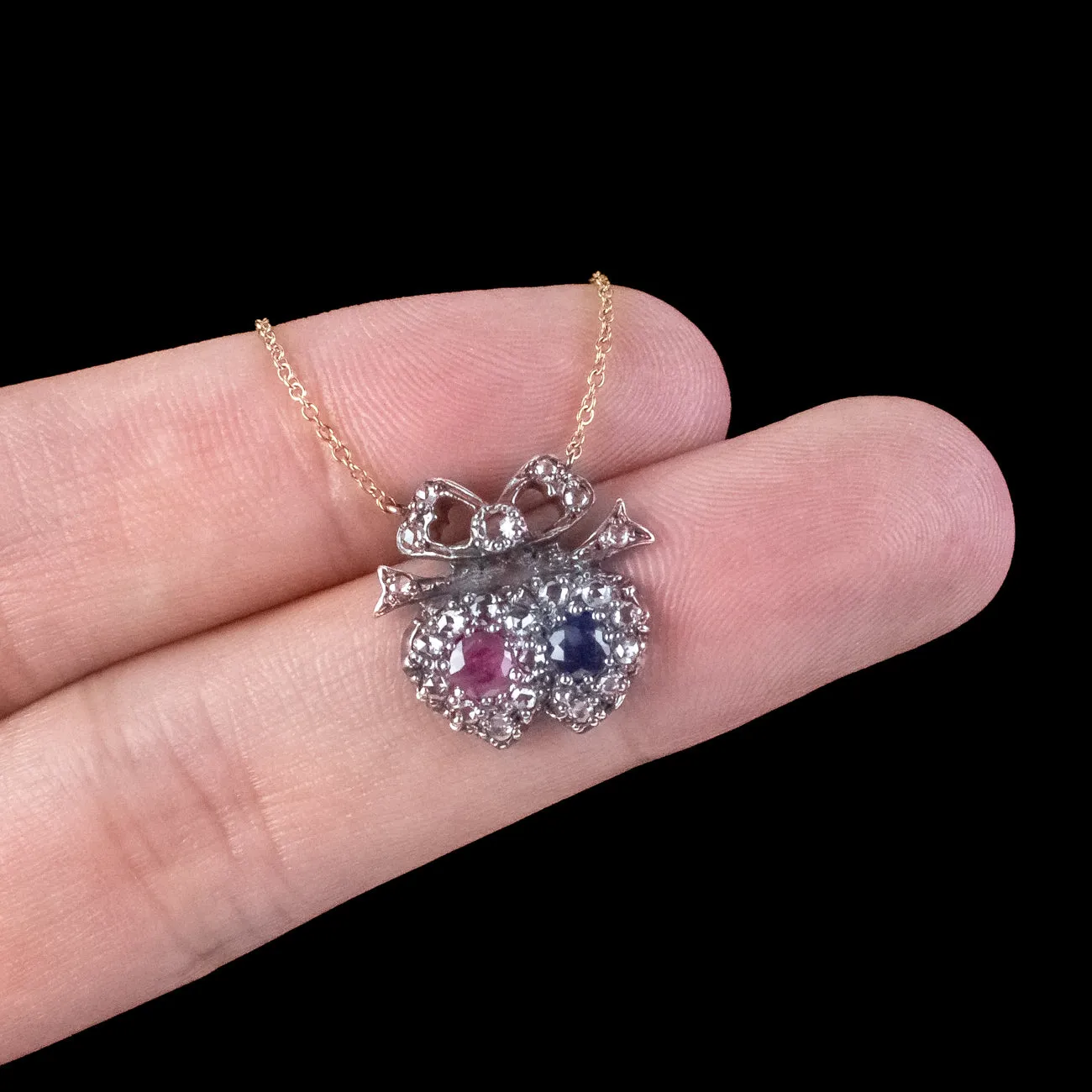 Victorian Style Ruby Sapphire Diamond Heart Lavaliere Necklace