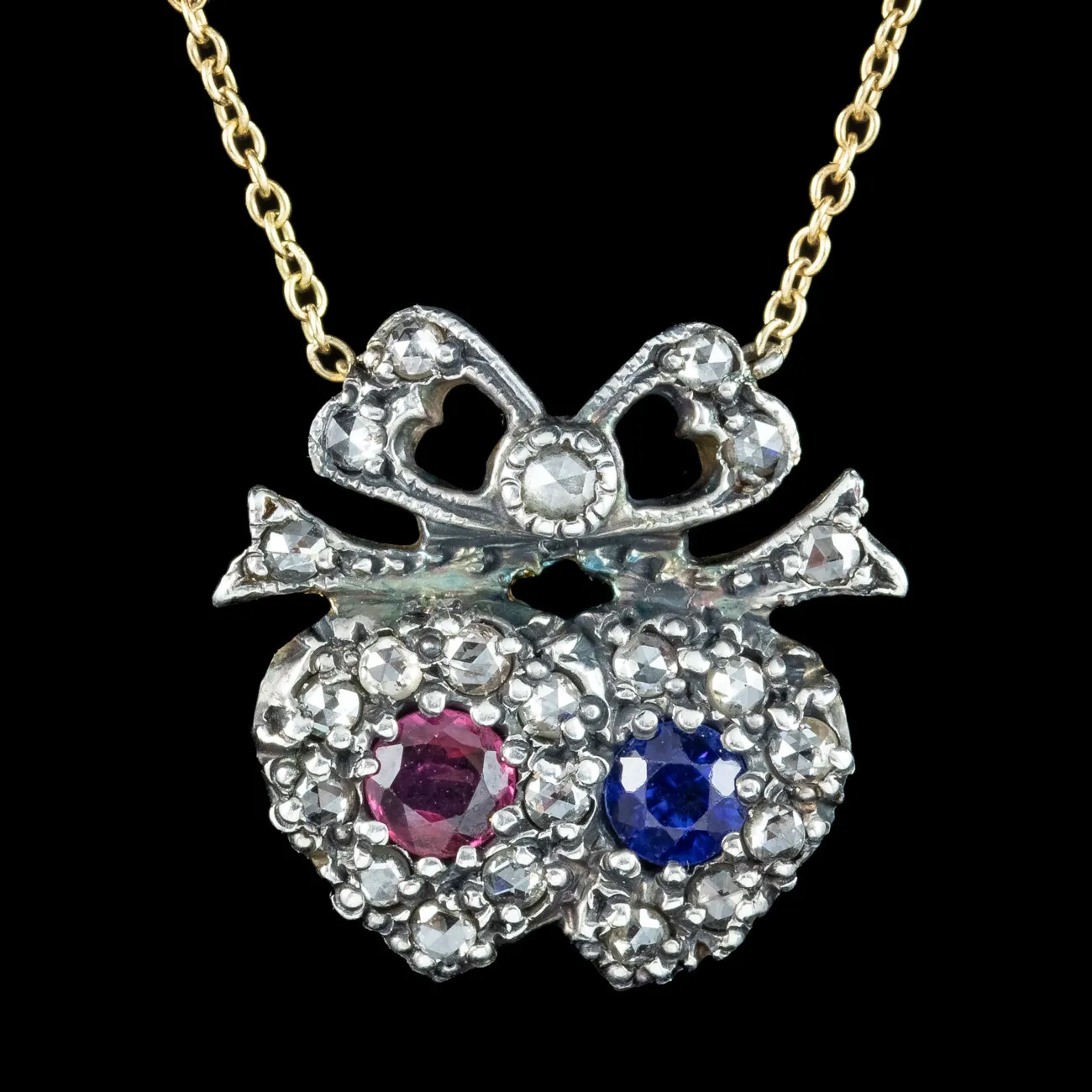 Victorian Style Ruby Sapphire Diamond Heart Lavaliere Necklace