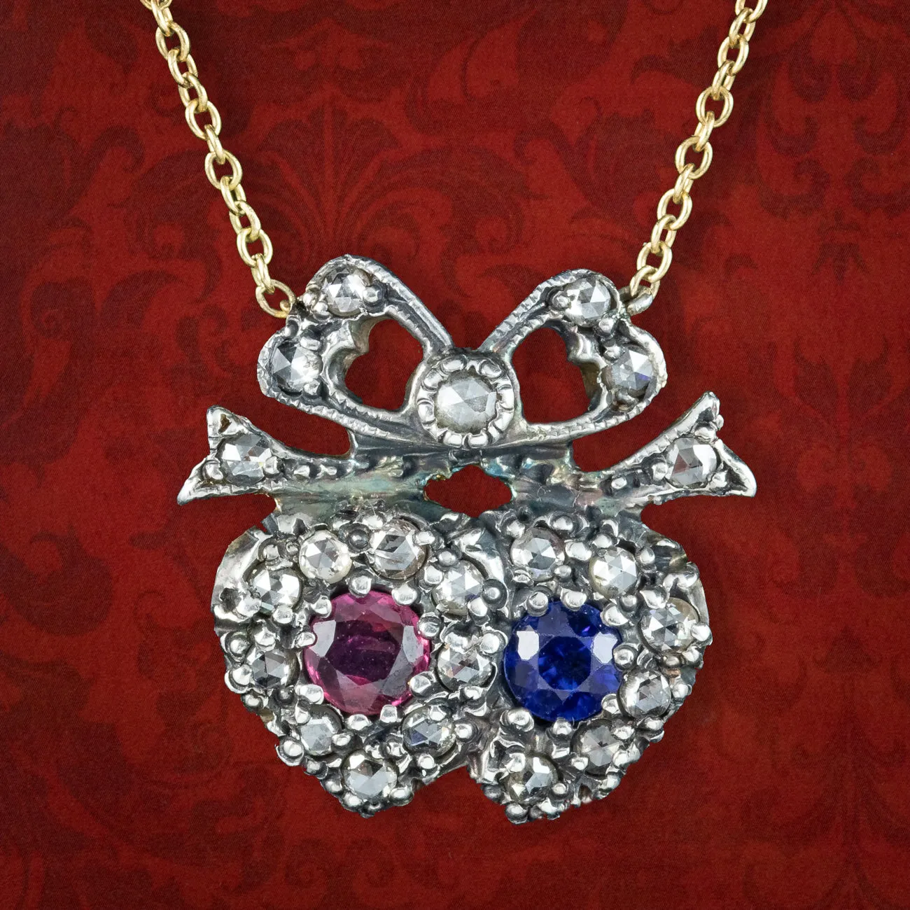 Victorian Style Ruby Sapphire Diamond Heart Lavaliere Necklace