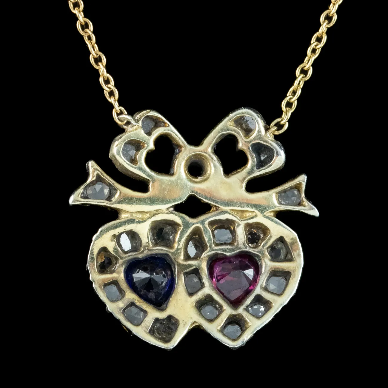 Victorian Style Ruby Sapphire Diamond Heart Lavaliere Necklace