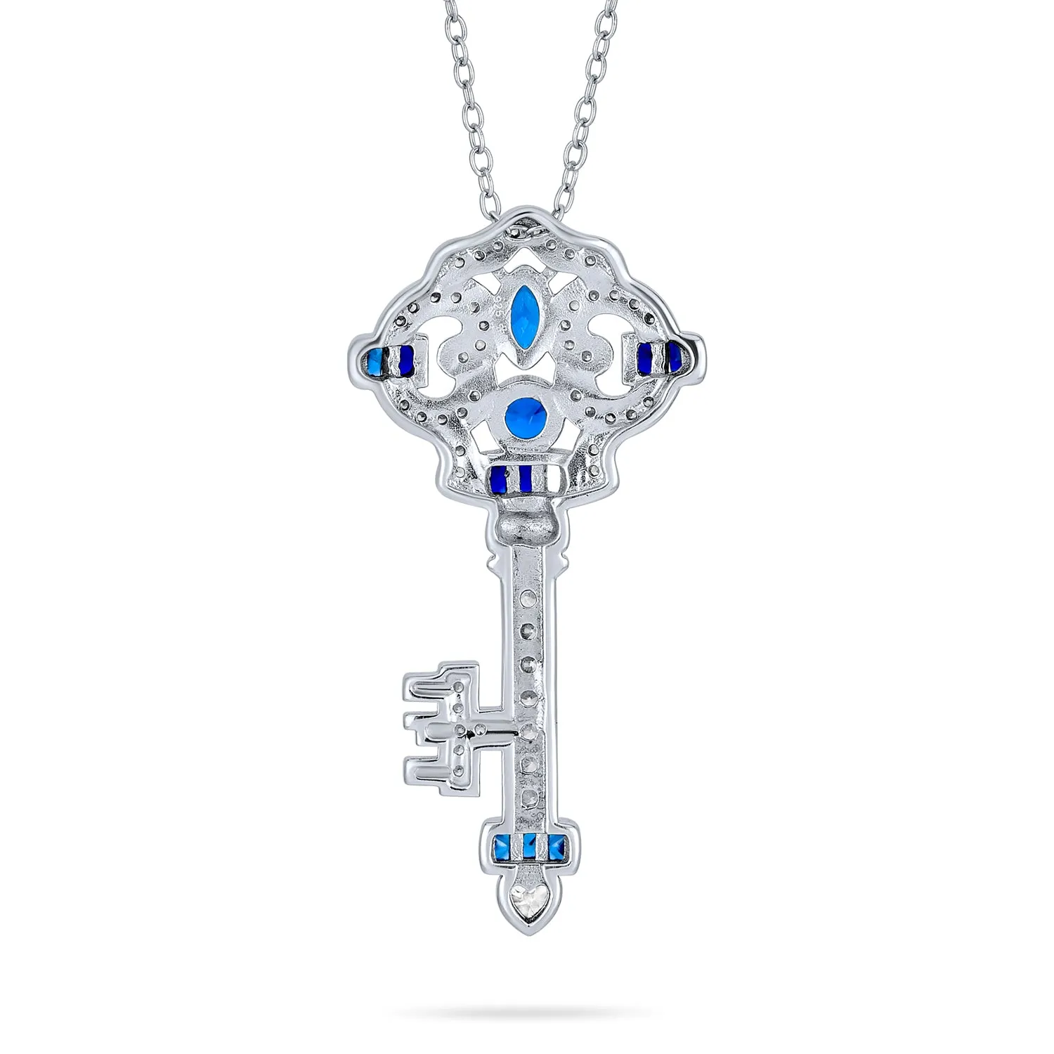 Vintage Blue Simulated Sapphire CZ Key Pendant Necklace in Sterling Silver