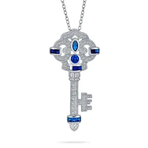 Vintage Blue Simulated Sapphire CZ Key Pendant Necklace in Sterling Silver