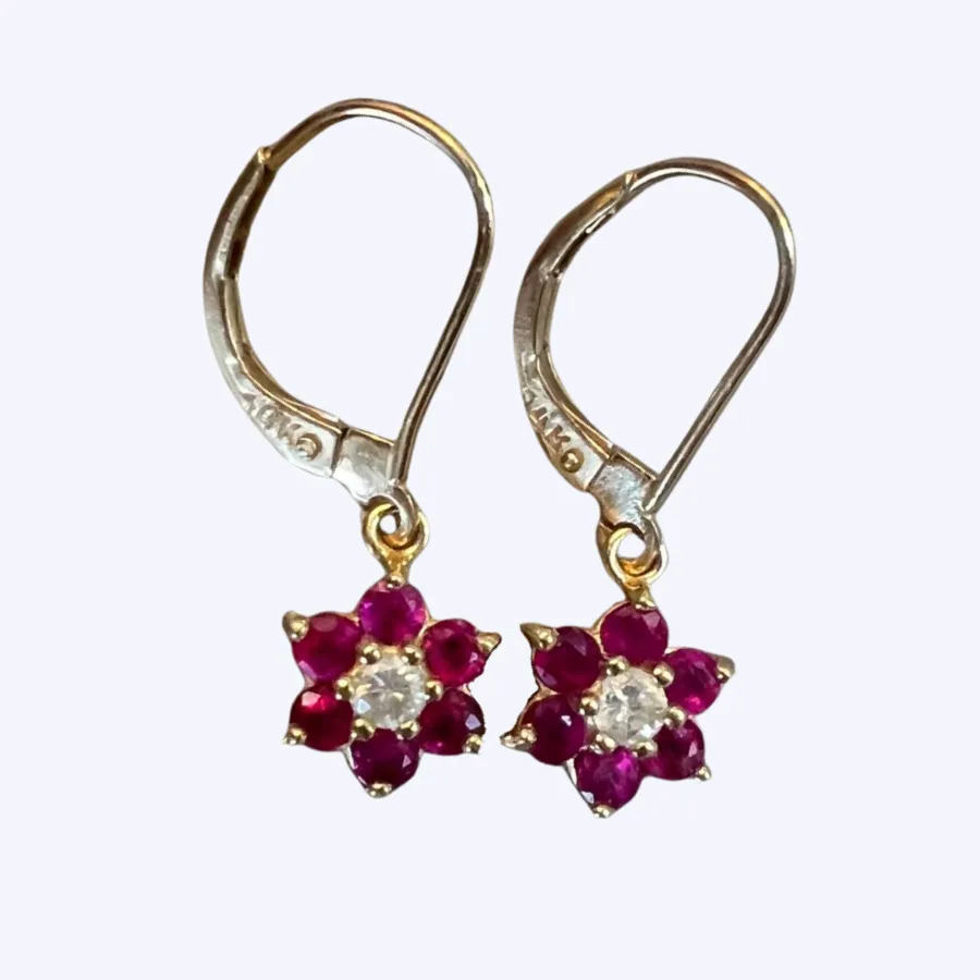 Vintage Ruby and Diamond Flower Dangle Earrings