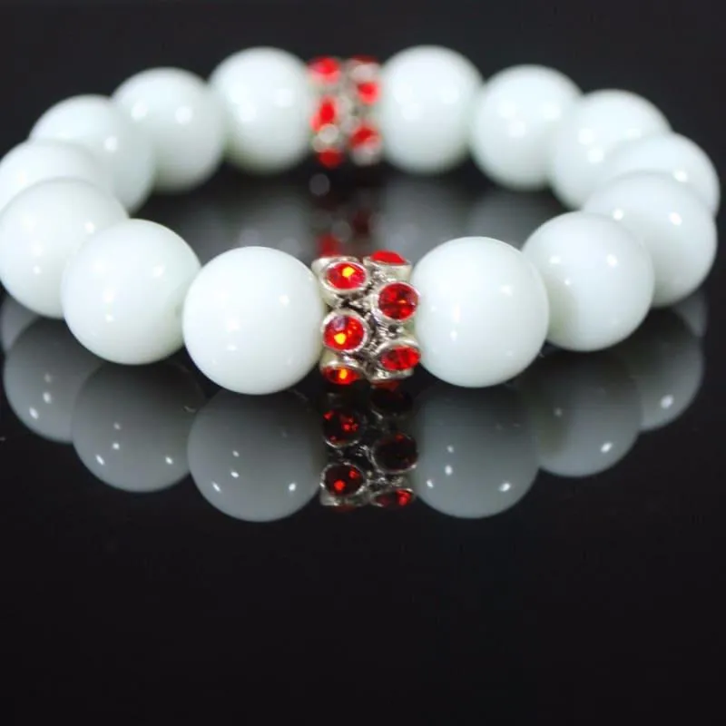 White Jade Gemstone With Red Rhinestone Stretch Bracelets