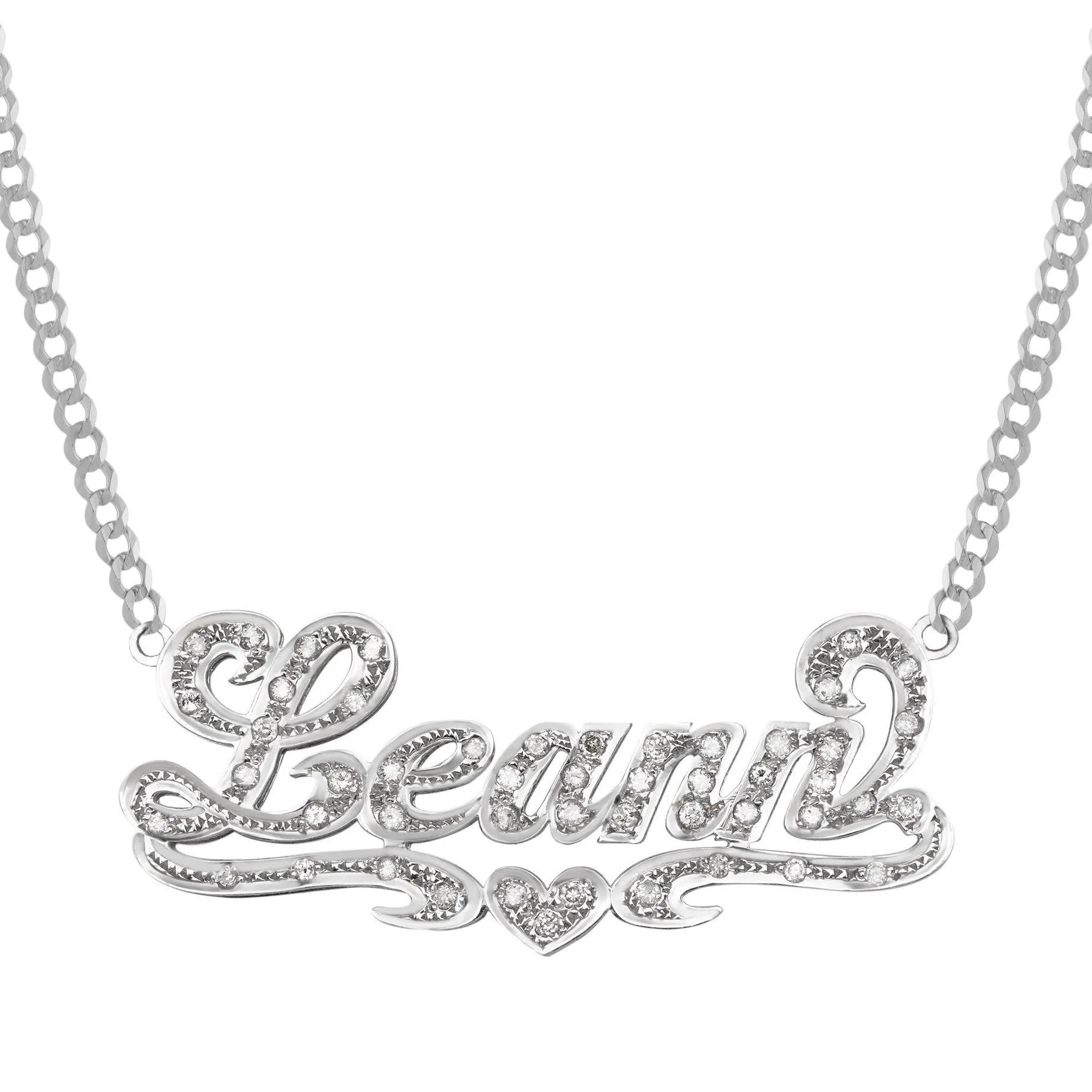 Women's Diamond Script Name Plate Heart Ribbon Necklace 14K Gold - Style 100