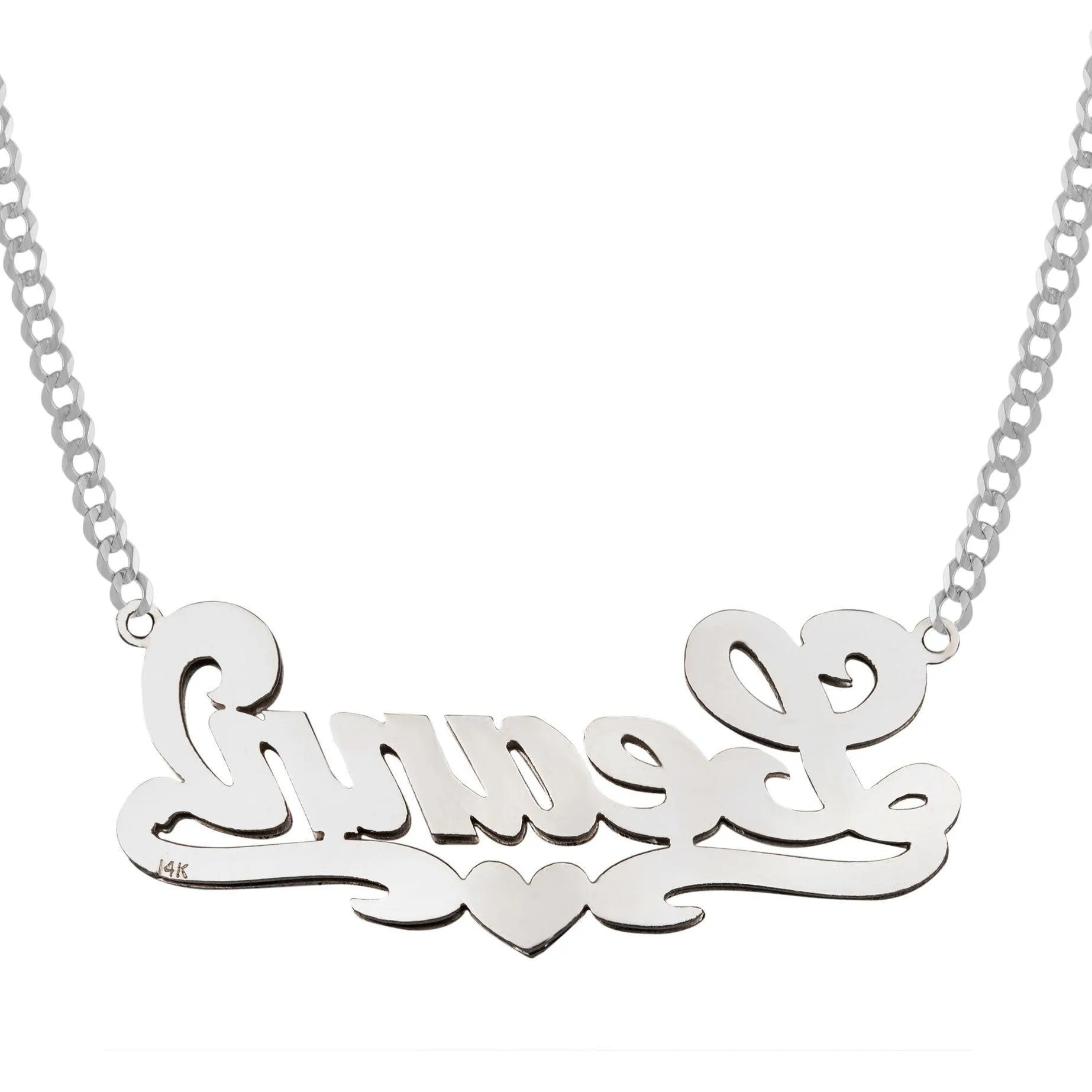 Women's Diamond Script Name Plate Heart Ribbon Necklace 14K Gold - Style 100