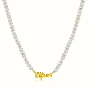 Women's Vermeil Custom Script Name Pearls Necklace Pendant